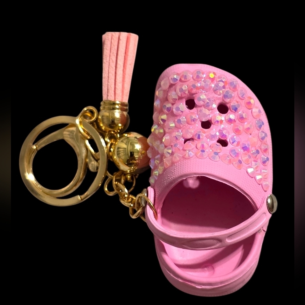 Pink Sequin Clog Bag Charm Keychain with Gold Accents